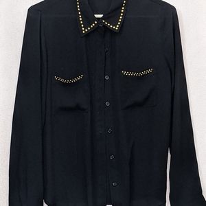 Black Shear Forever 21 Button Down Top with Gold Embellishments